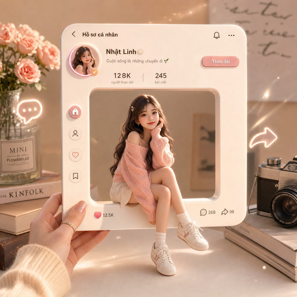 Một bàn tay đang cầm thẻ hồ sơ cá nhân 3D phong cách mạng xã hội Việt Nam, thẻ c...