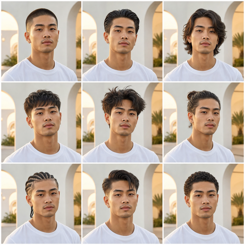 Chân dung collage 3x3 sạch, thẩm mỹ, so sánh các kiểu tóc nam. Cùng một nam than