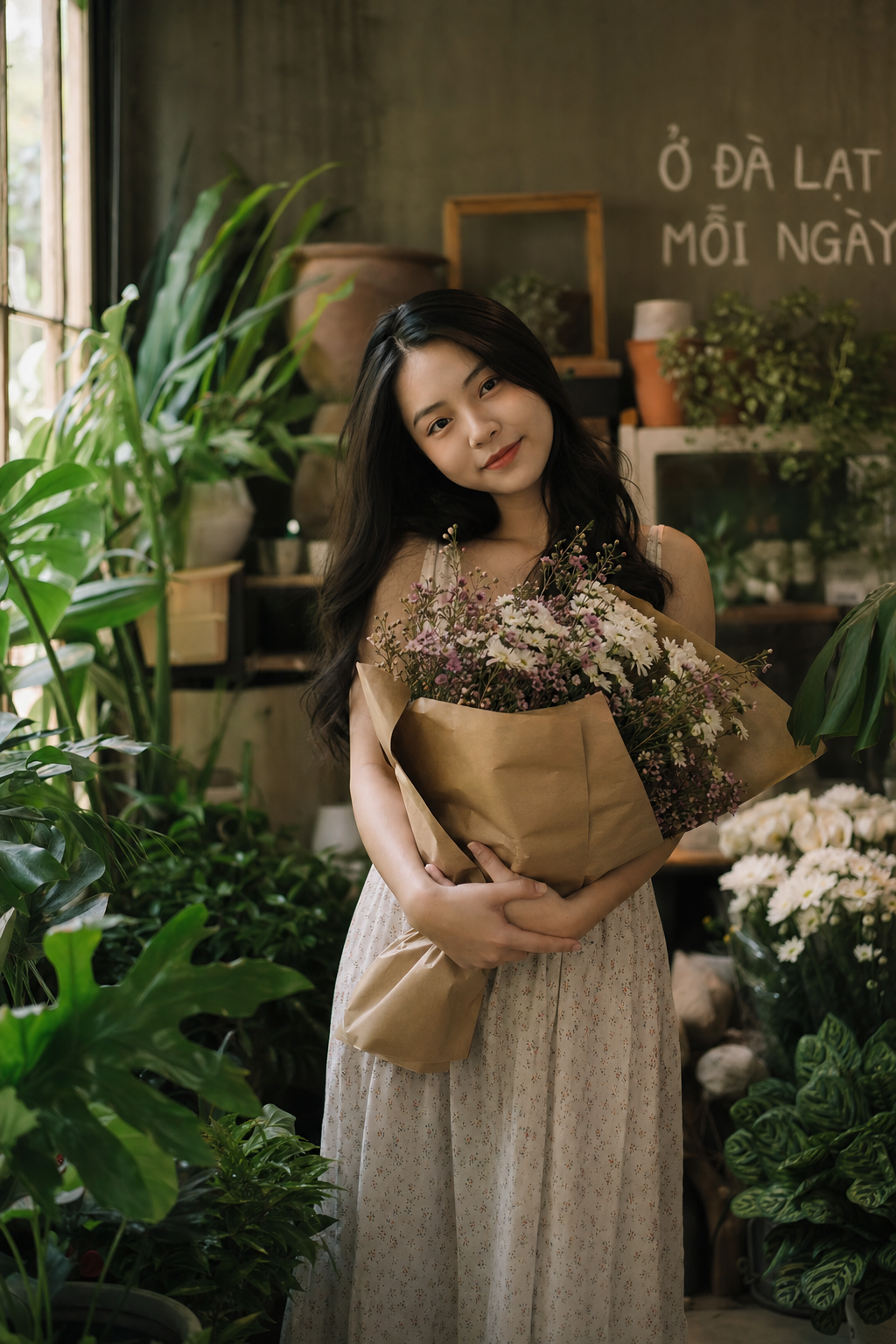 Cô gái ôm bó hoa trong tiệm hoa Đà Lạt