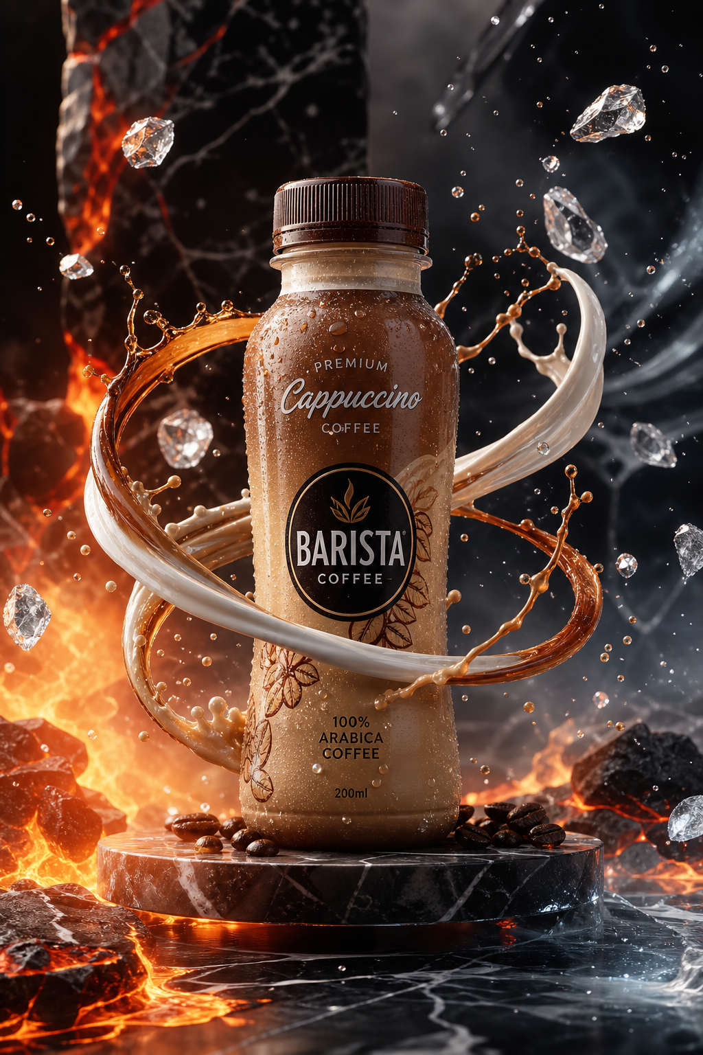 Ảnh quảng cáo sản phẩm cao cấp siêu chân thực cho một chai cà phê cappuccino, bố...