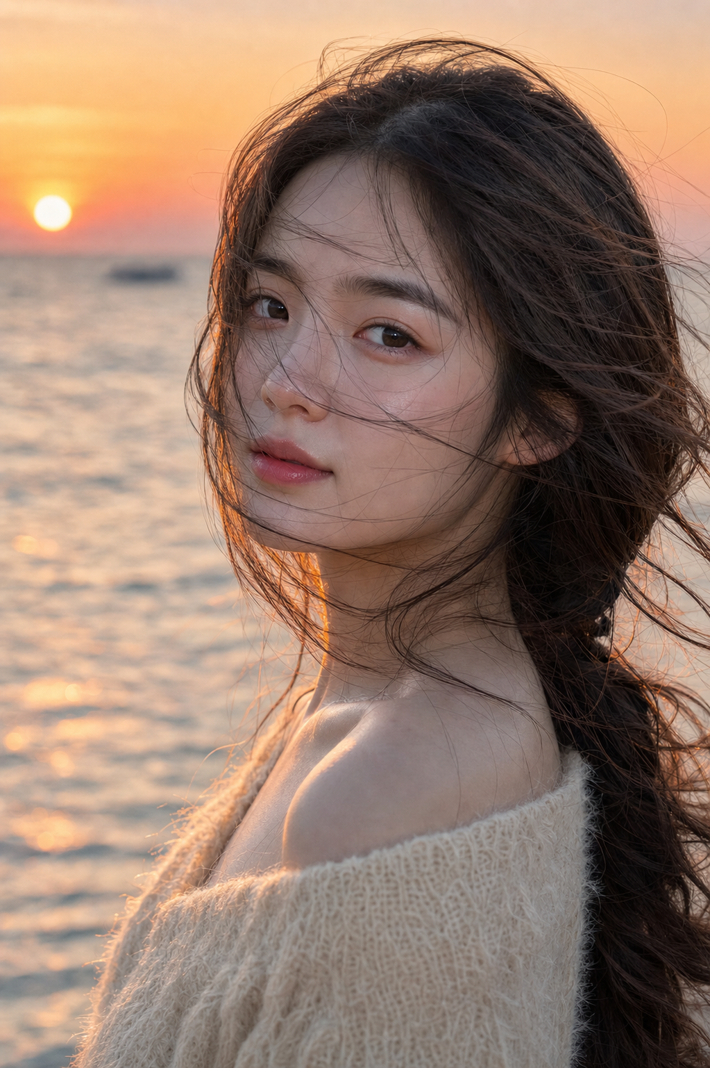 Chân dung cô gái bên biển lúc hoàng hôn