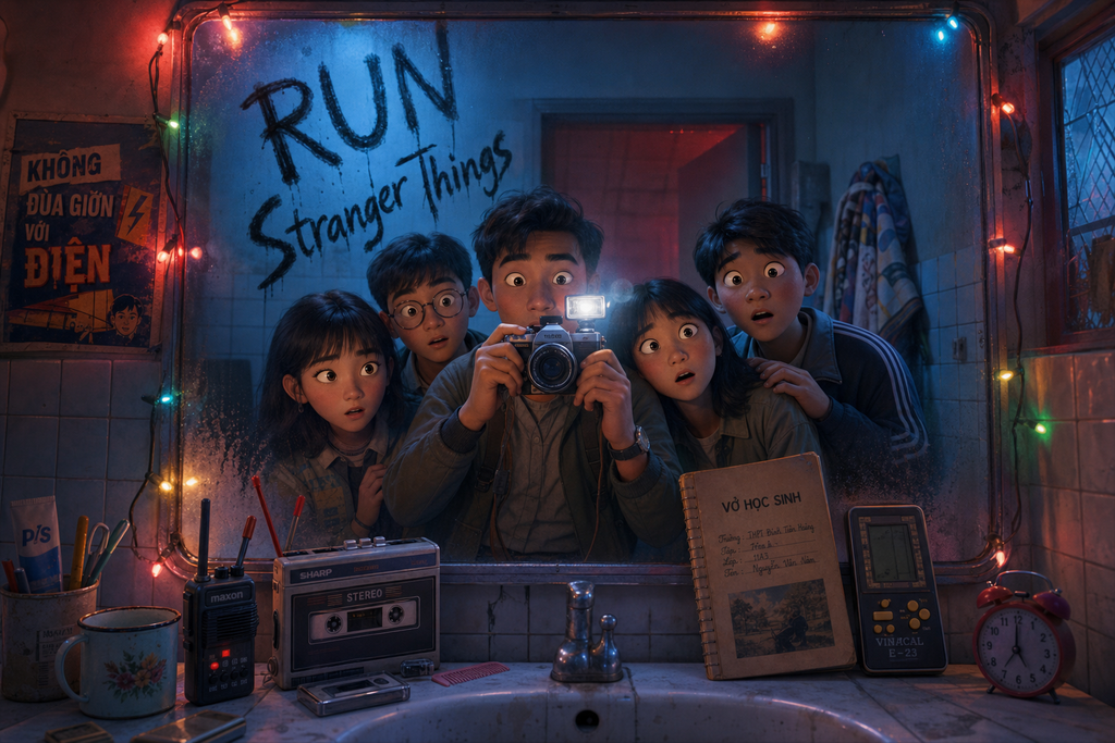Selfie gương kinh dị sci-fi retro
