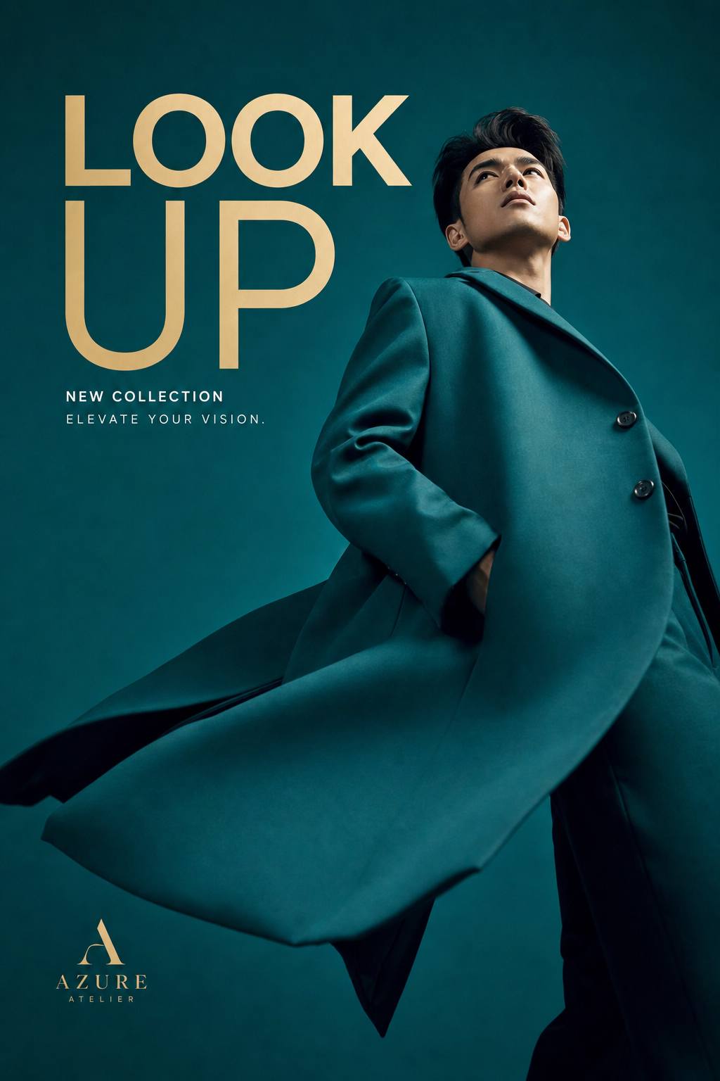 Tạo hình ảnh: Luxury editorial campaign. Main Subject: Male model wearing teal o