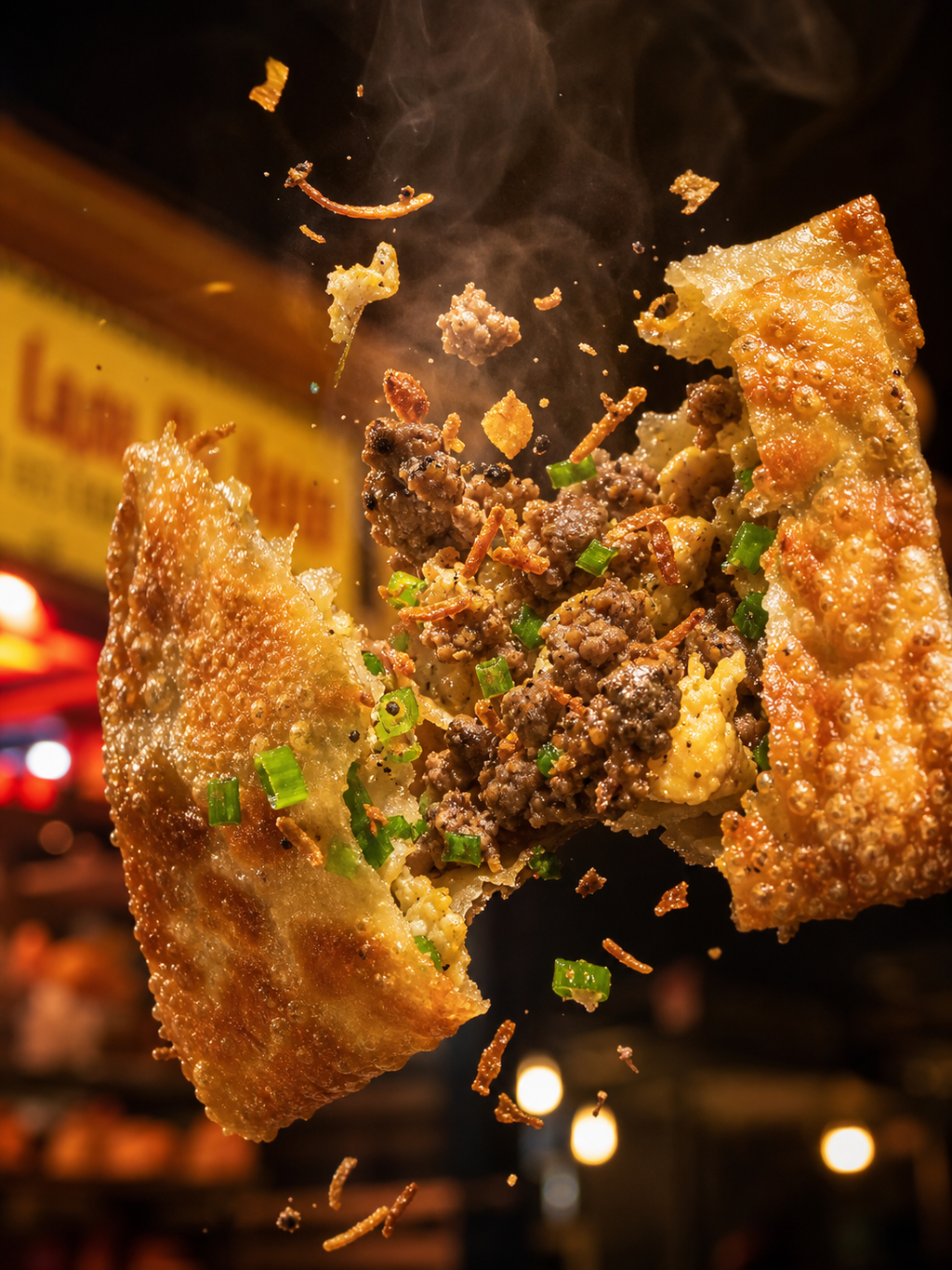 Macro food photography of a crispy martabak telur tearing open mid-air, thin gol