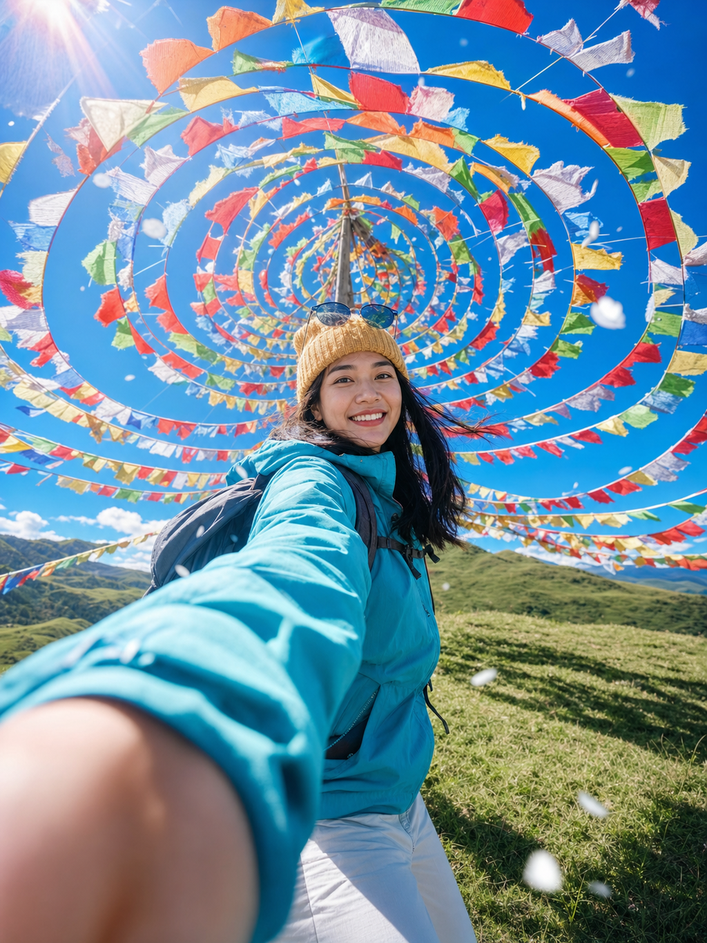 Chân dung selfie du lịch giữa cờ cầu nguyện