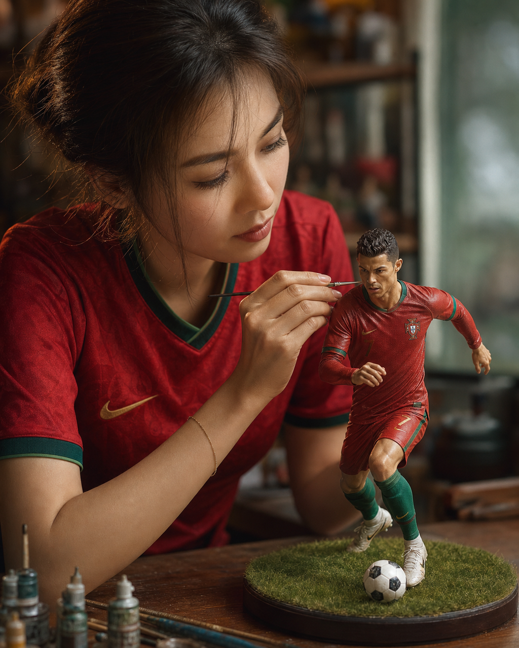Người phụ nữ vẽ tượng cầu thủ thu nhỏ
