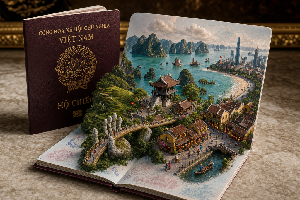 Hộ chiếu Việt Nam với diorama du lịch 3D