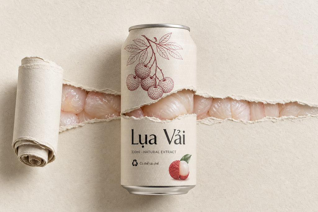 Lon soda vải thiều trên nền giấy xé