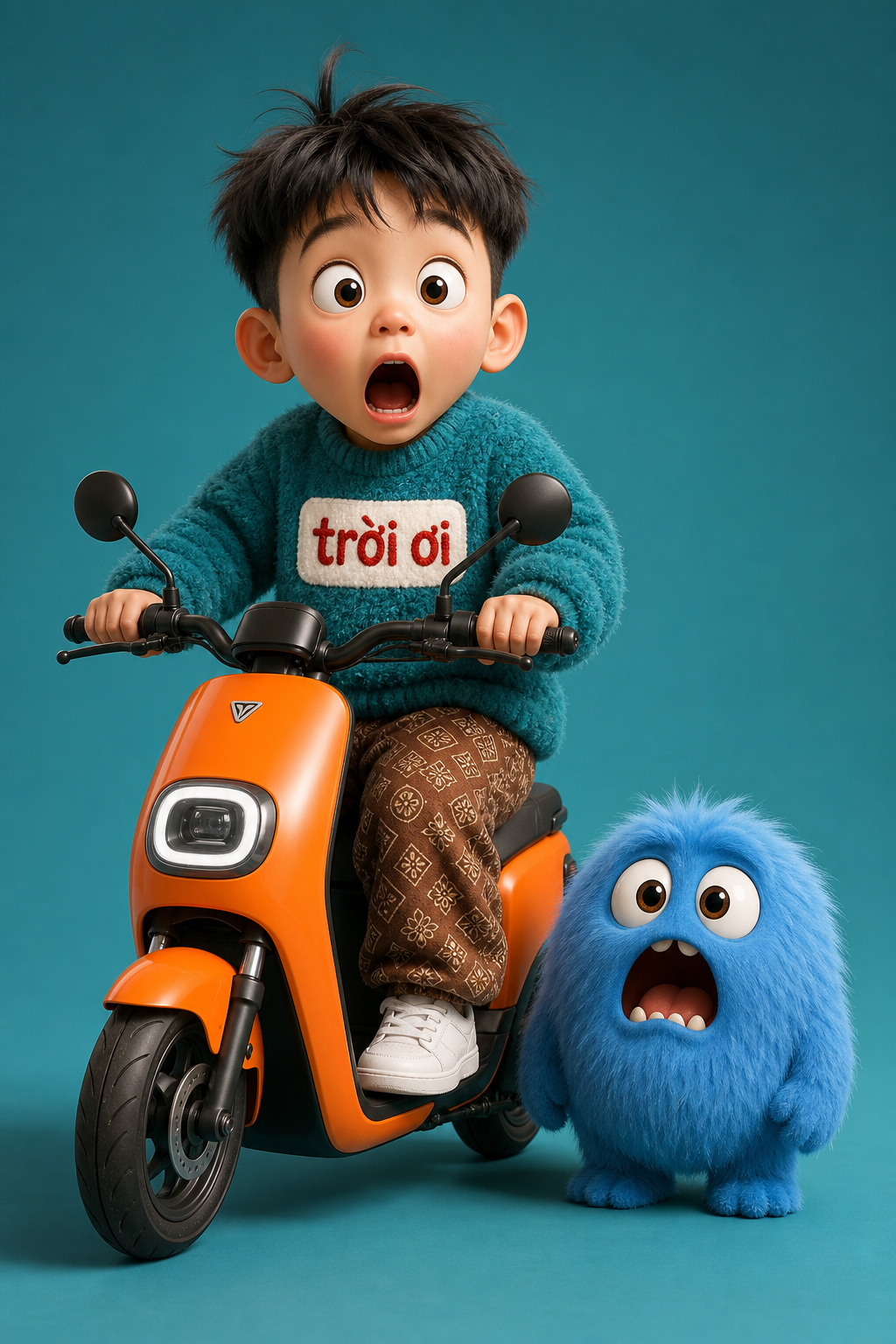 Render 3D chất lượng cao về một bé trai Việt Nam đáng yêu đang lái xe scooter đi