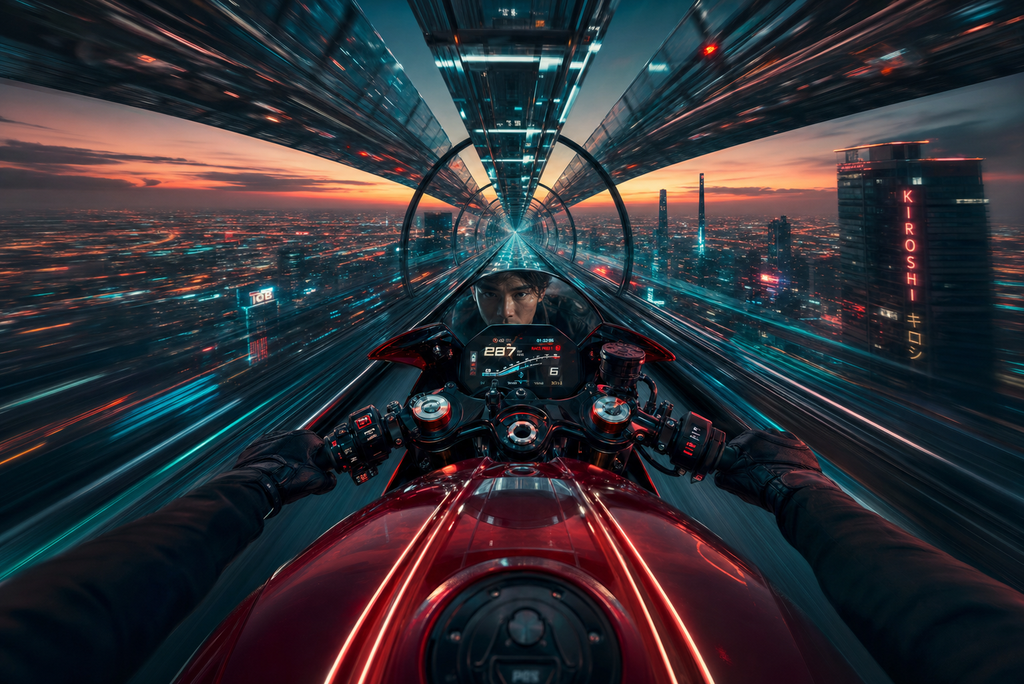 Tay đua cyberpunk trong đường hầm kính
