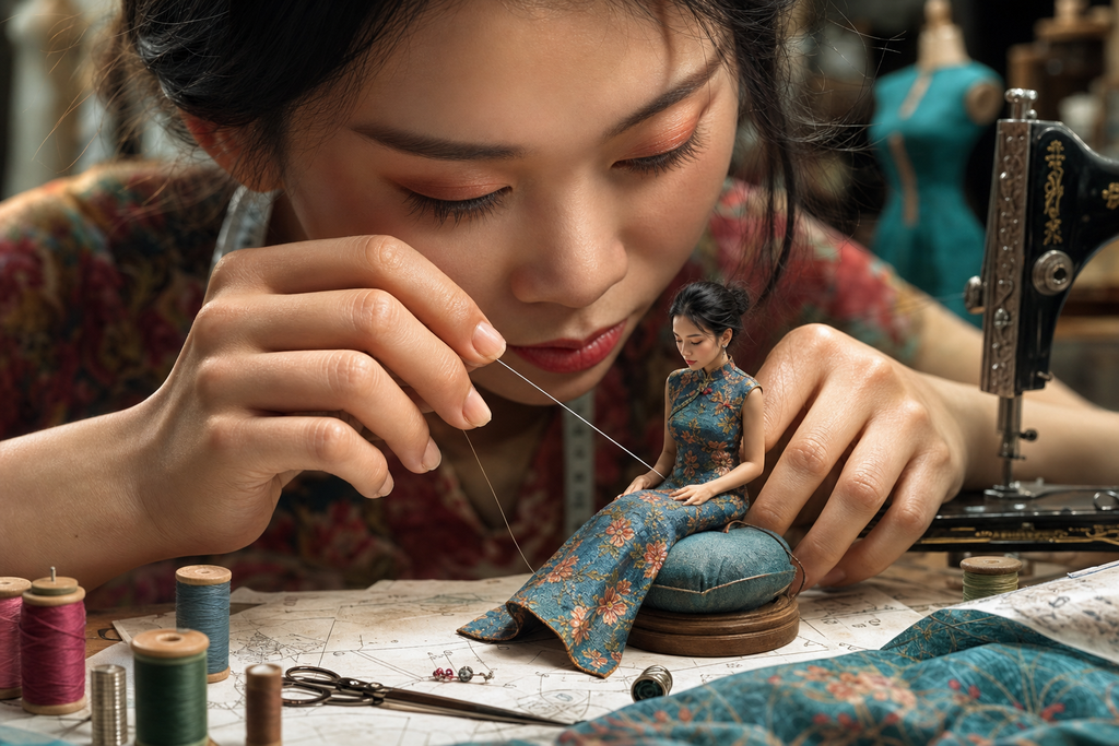 Thợ may thu nhỏ trong studio thời trang