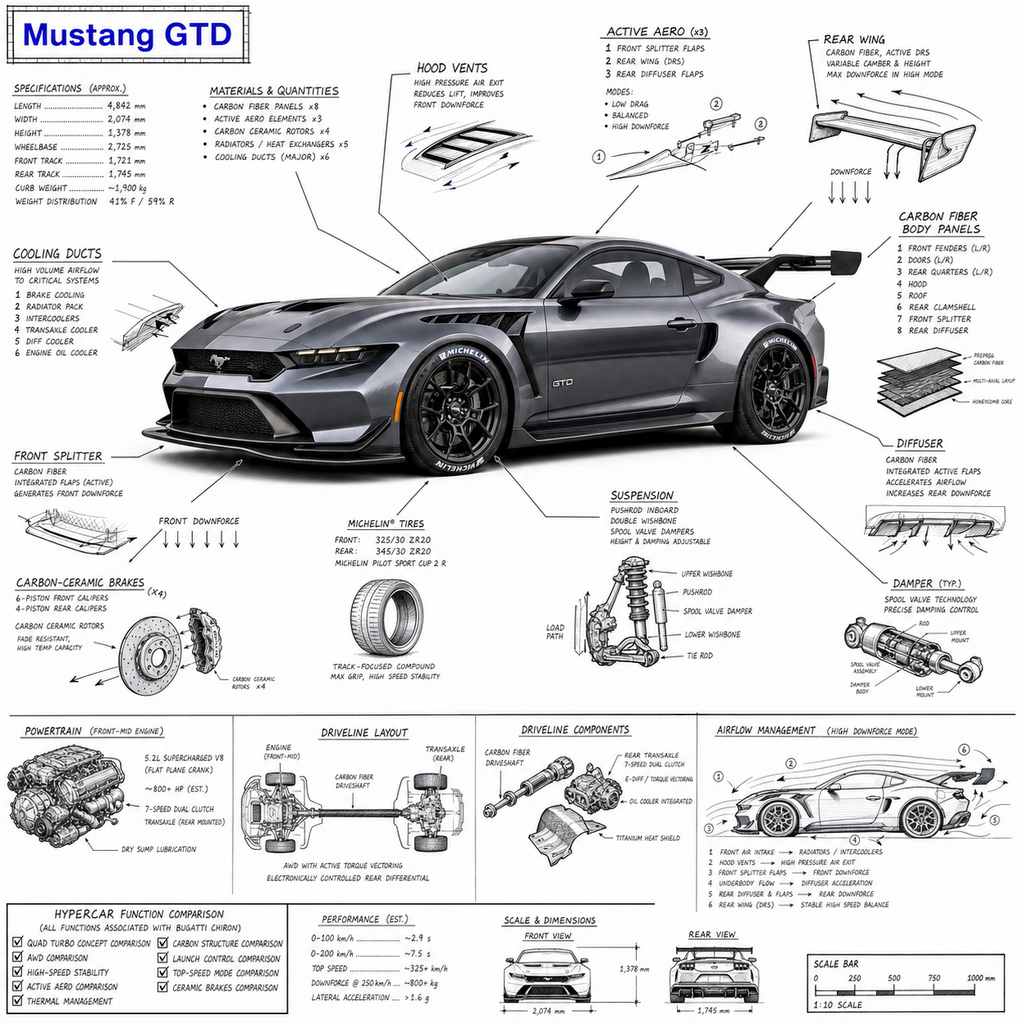 Tạo ảnh infographic về Mustang GTD, kết hợp ảnh chụp chân thực hoặc render photo