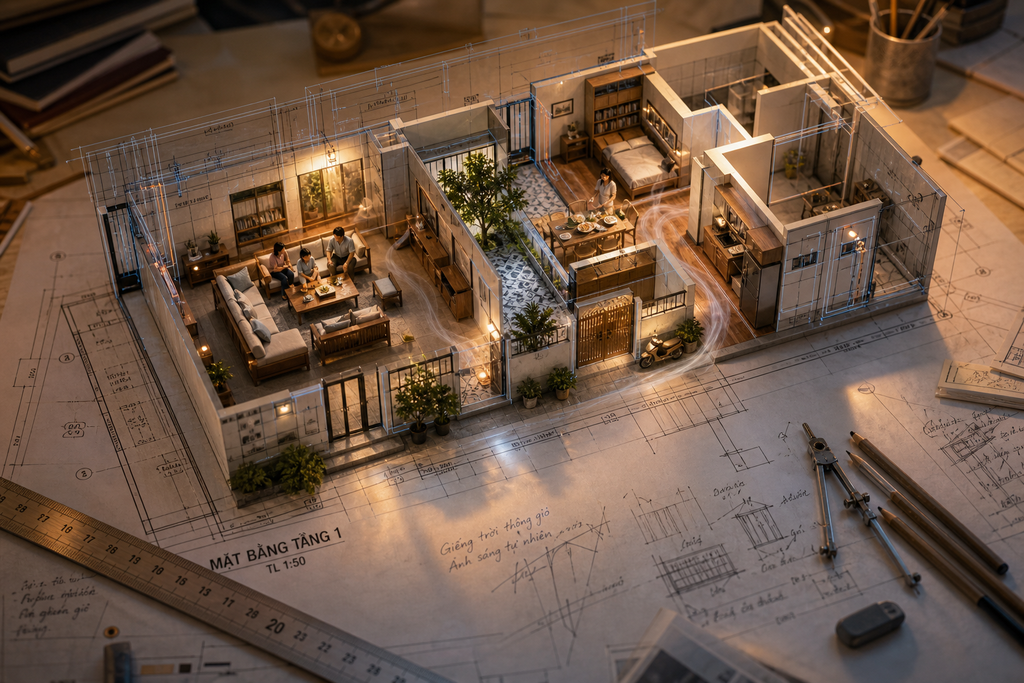 Mặt bằng nhà phố hóa thành mô hình sống