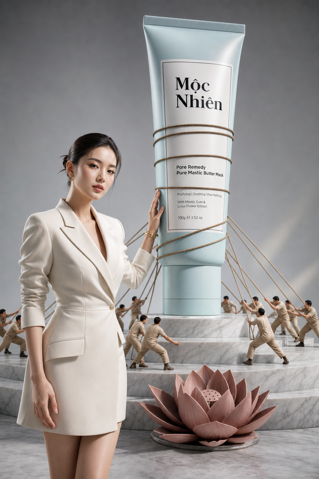 Cảnh quảng cáo xa xỉ tối giản, siêu thực trong studio hiện đại sạch sẽ, nền xám