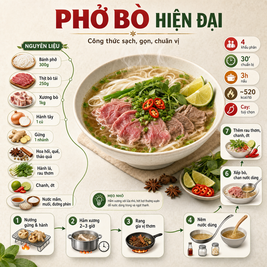 Infographic công thức món phở bò hiện đại, cực kỳ sạch và gọn. Trình bày phở bò
