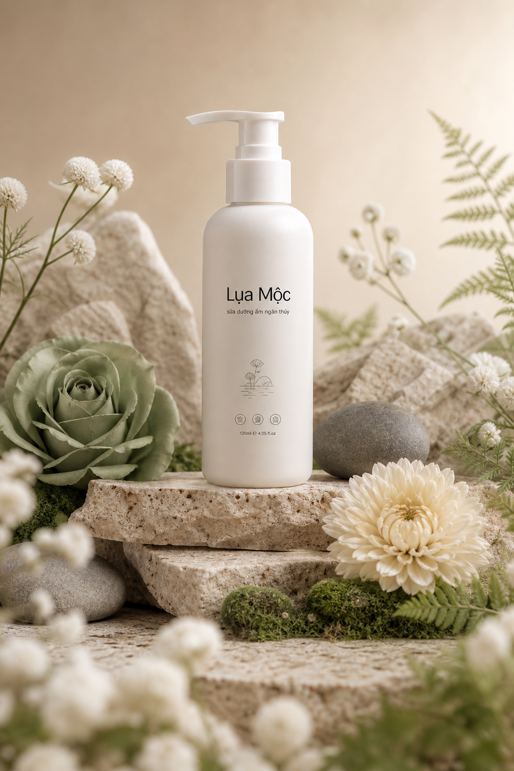 Chai dưỡng ẩm Lụa Mộc giữa đá và hoa