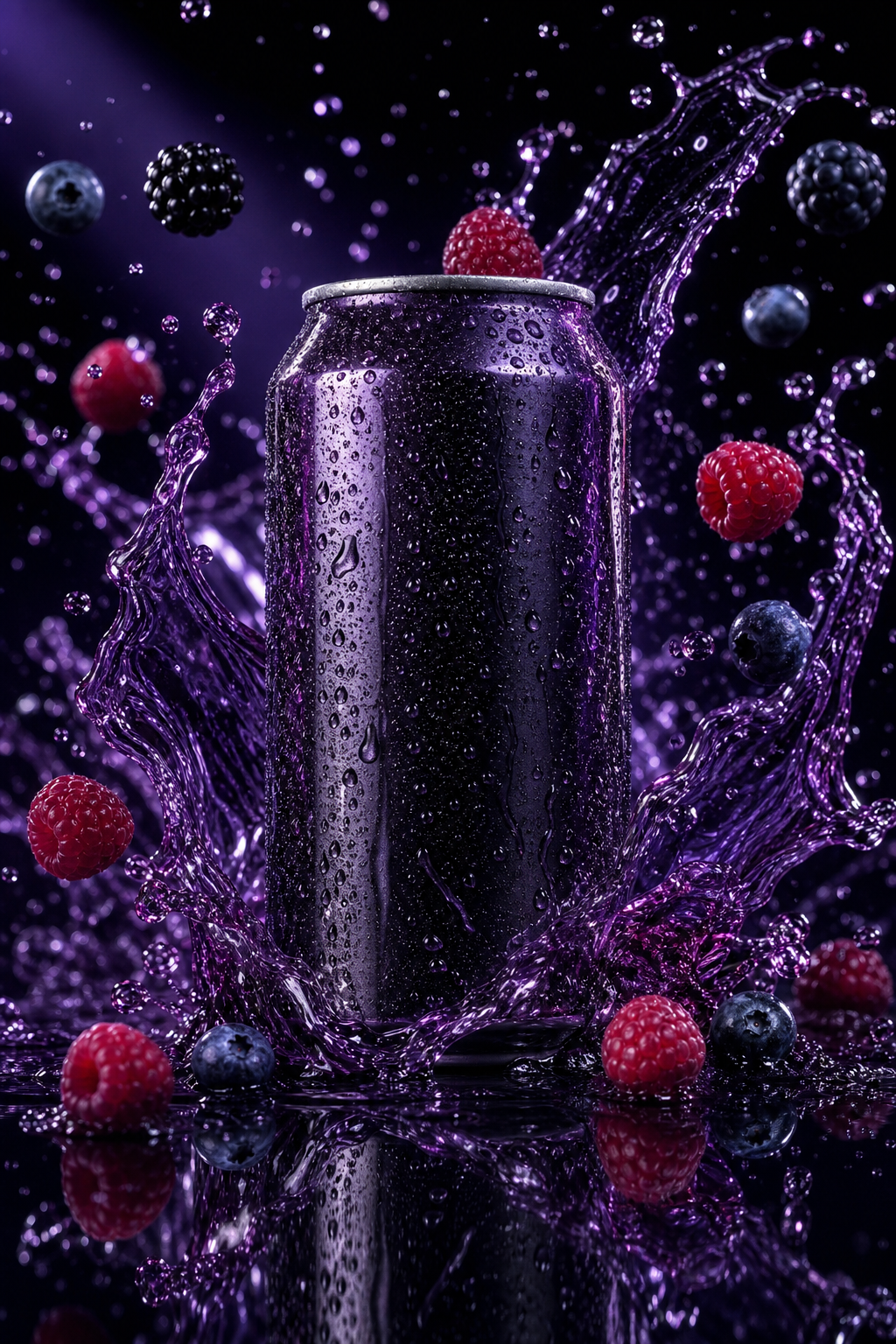 Lon soda tím với quả mọng lơ lửng