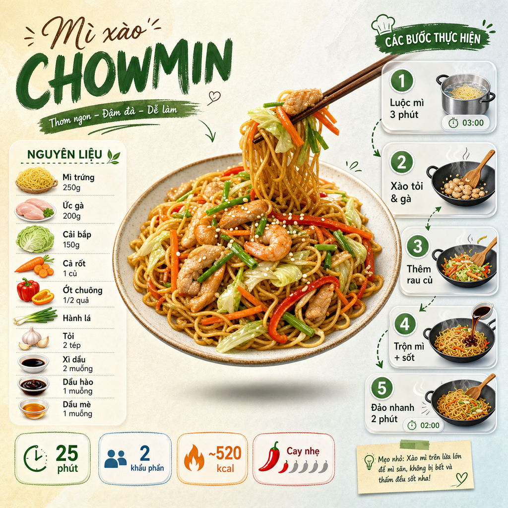 Infographic công thức nấu ăn hiện đại, siêu sạch. Trình bày món mì xào chowmin t