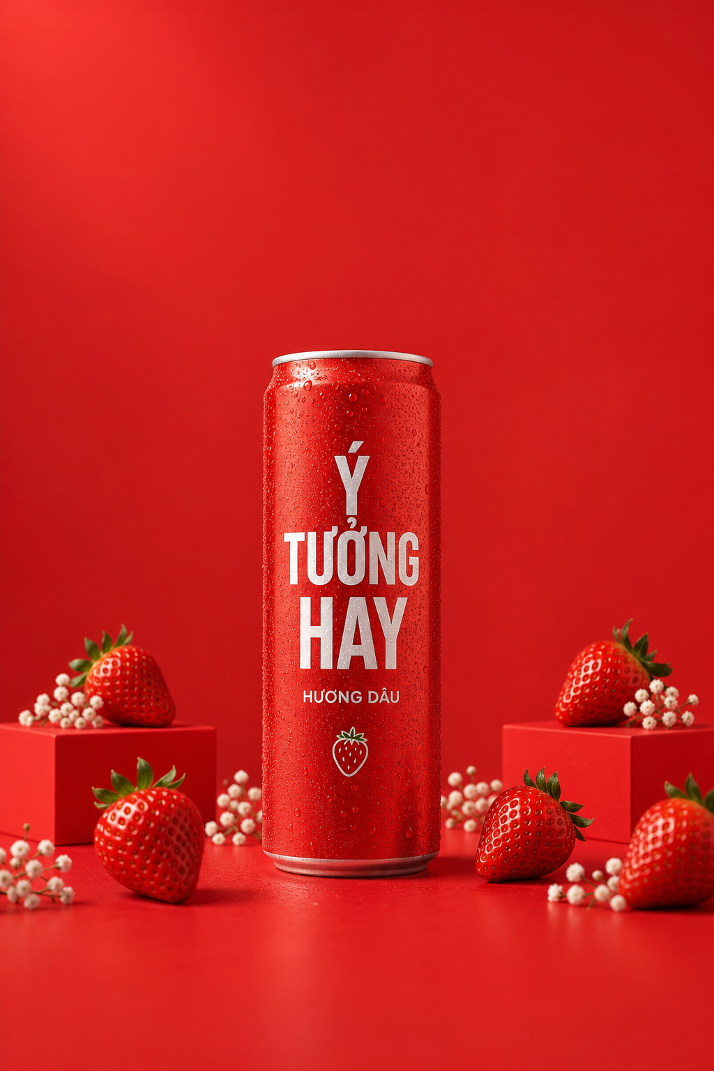 Ảnh chụp sản phẩm cao cấp trong studio: một lon nước có ga bằng nhôm màu đỏ, dán
