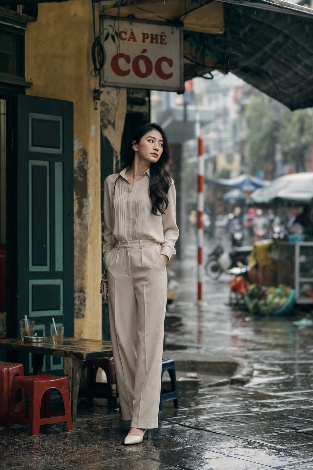 Editorial thời trang ngày mưa trên vỉa hè