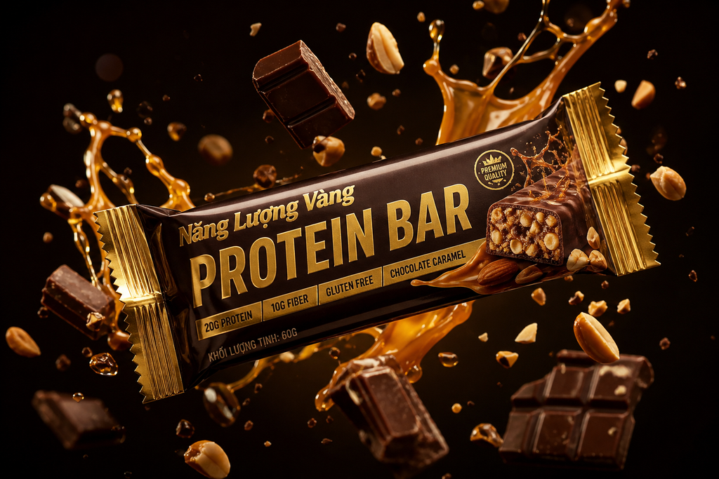 Ảnh chụp sản phẩm siêu điện ảnh: một thanh protein cao cấp bọc trong bao bì kim