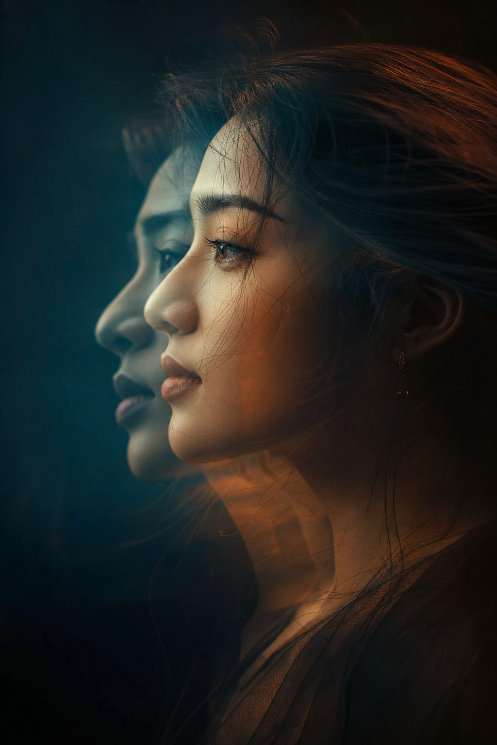 Chân dung double exposure ánh teal cam