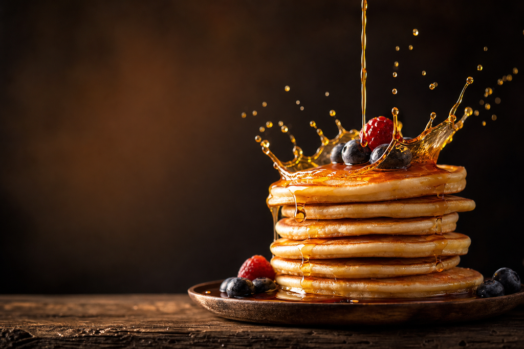 Ảnh chụp món ăn phong cách quảng cáo, một chồng bánh pancake được sắp xếp trên c