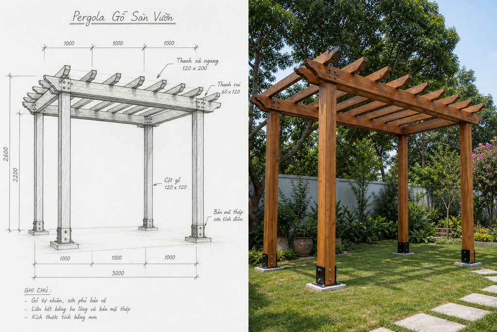 Bản phác thảo và giàn pergola trong vườn