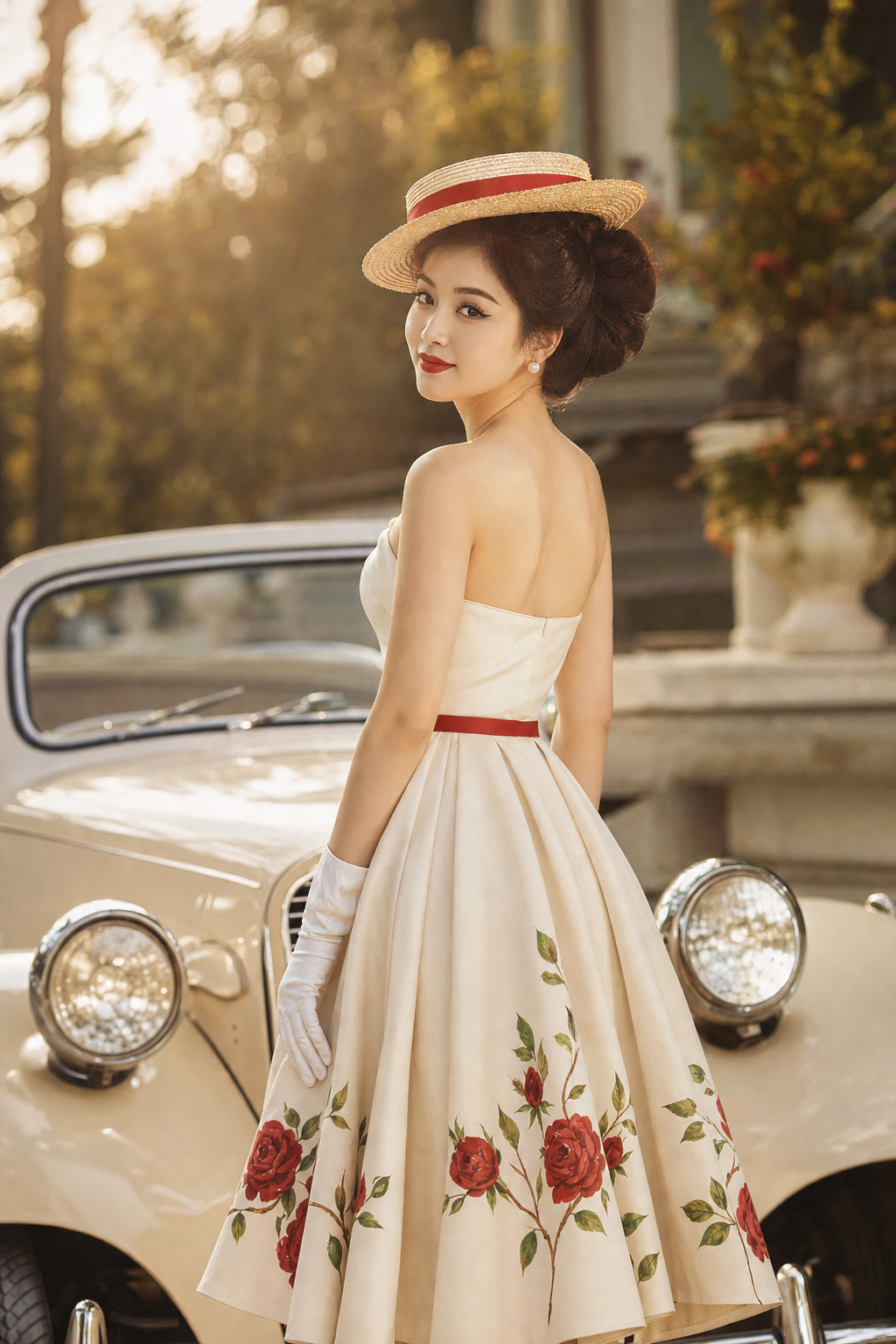 Chân dung thời trang vintage bên xe mui trần