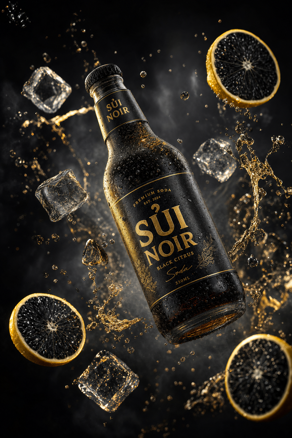 Ảnh chụp sản phẩm siêu điện ảnh: một chai soda cao cấp màu đen mờ, nhãn "SỦI NOI