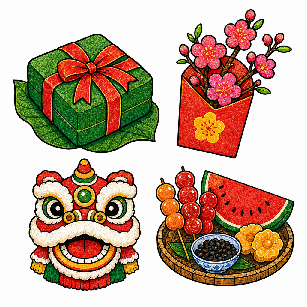 Bộ icon Tết Việt Nam phong cách risograph