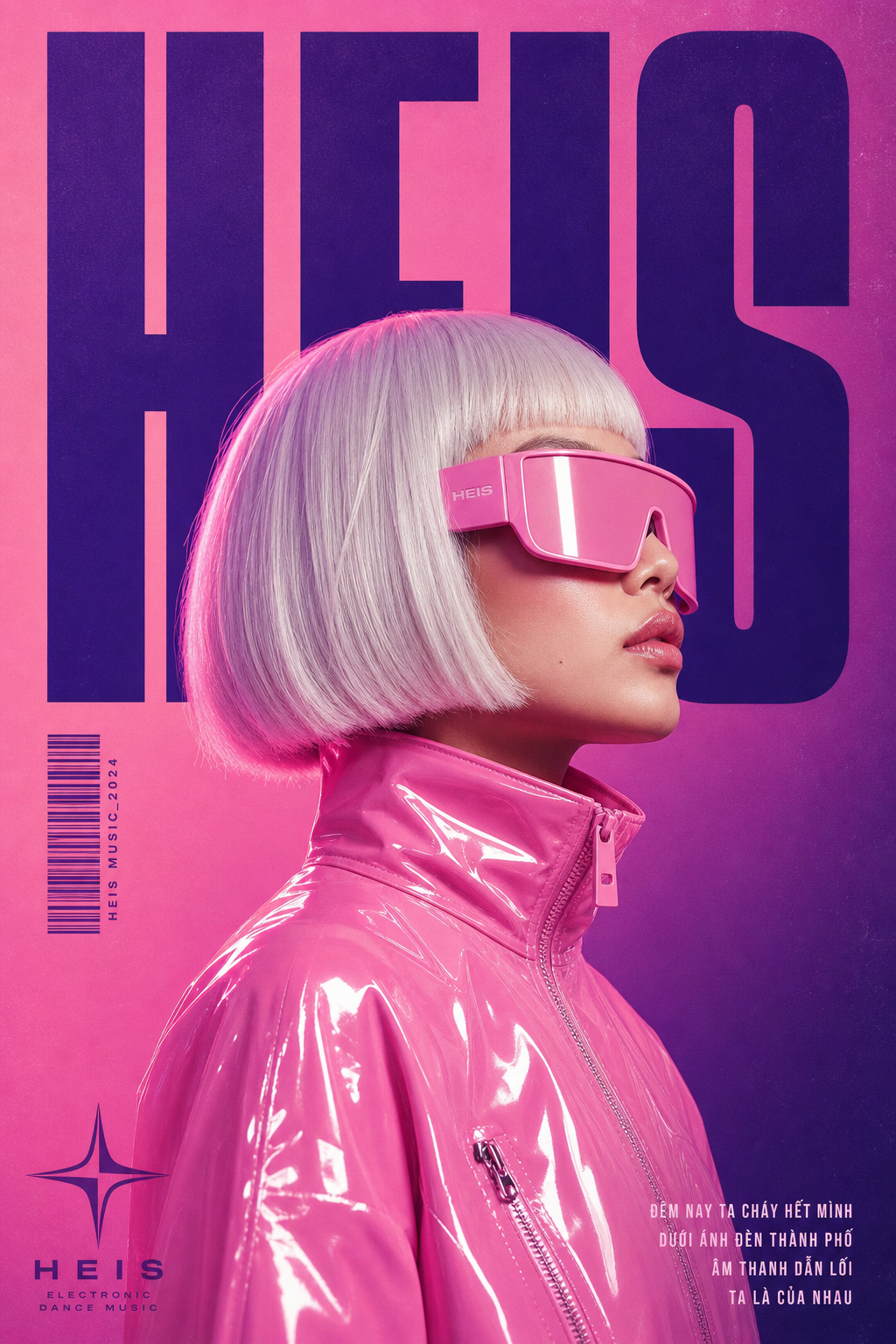 Poster âm nhạc cách điệu theo phong cách retro-futuristic, thẩm mỹ synthwave. Tr