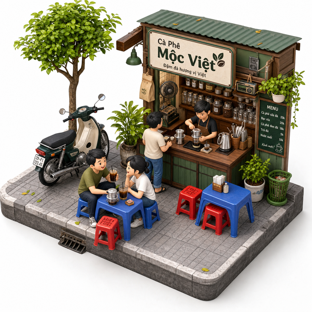 Tạo một diorama 3D thu nhỏ dạng isometric nhìn từ trên xuống góc 45° về một quán