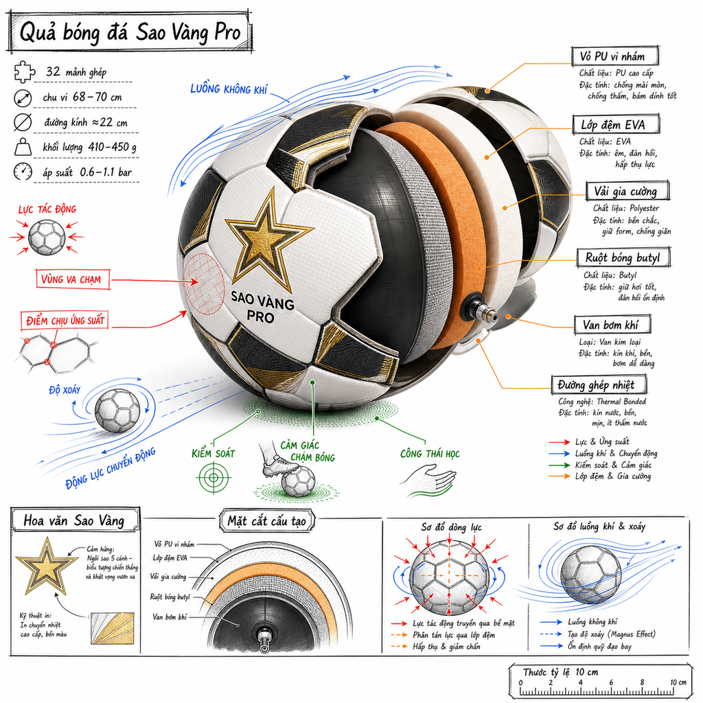 Tạo infographic kỹ thuật về quả bóng đá "Sao Vàng Pro" dưới góc nhìn isometric 3