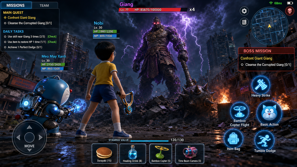 Game mobile RPG mèo máy chiến boss trong đô thị đổ nát