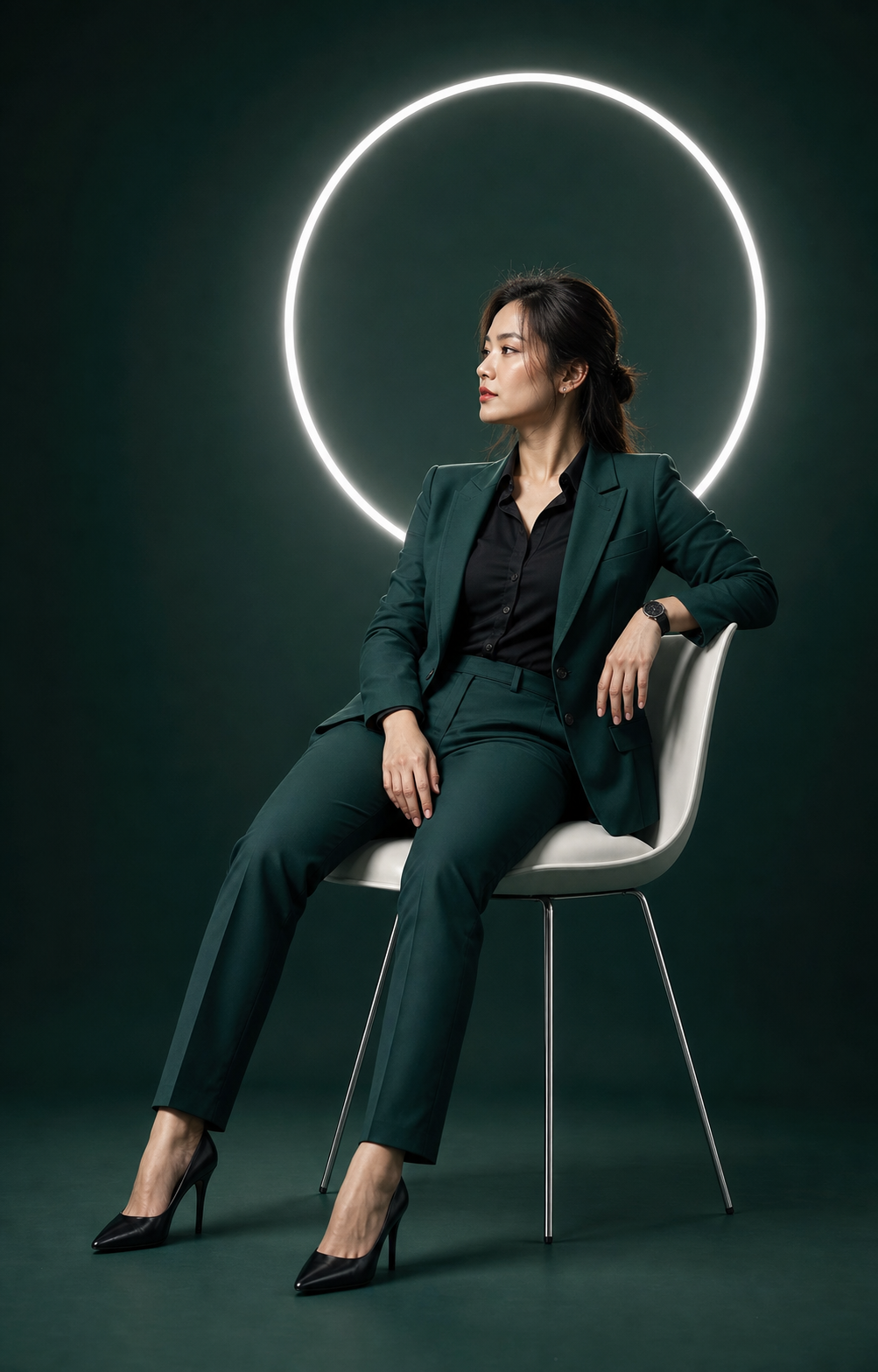Chân dung phụ nữ mặc suit xanh trong studio