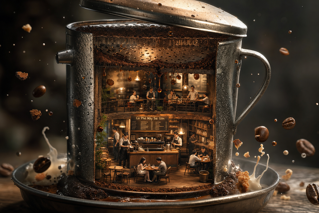 Quán cà phê trong phin dạng diorama 3D điện ảnh