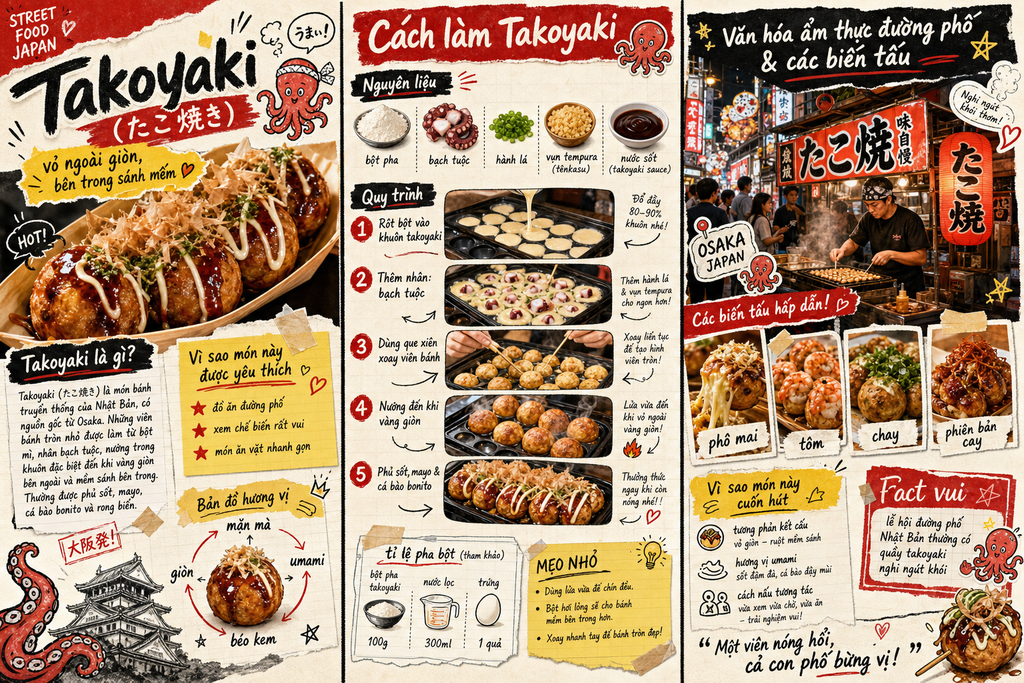 Infographic zine về takoyaki đường phố Nhật Bản