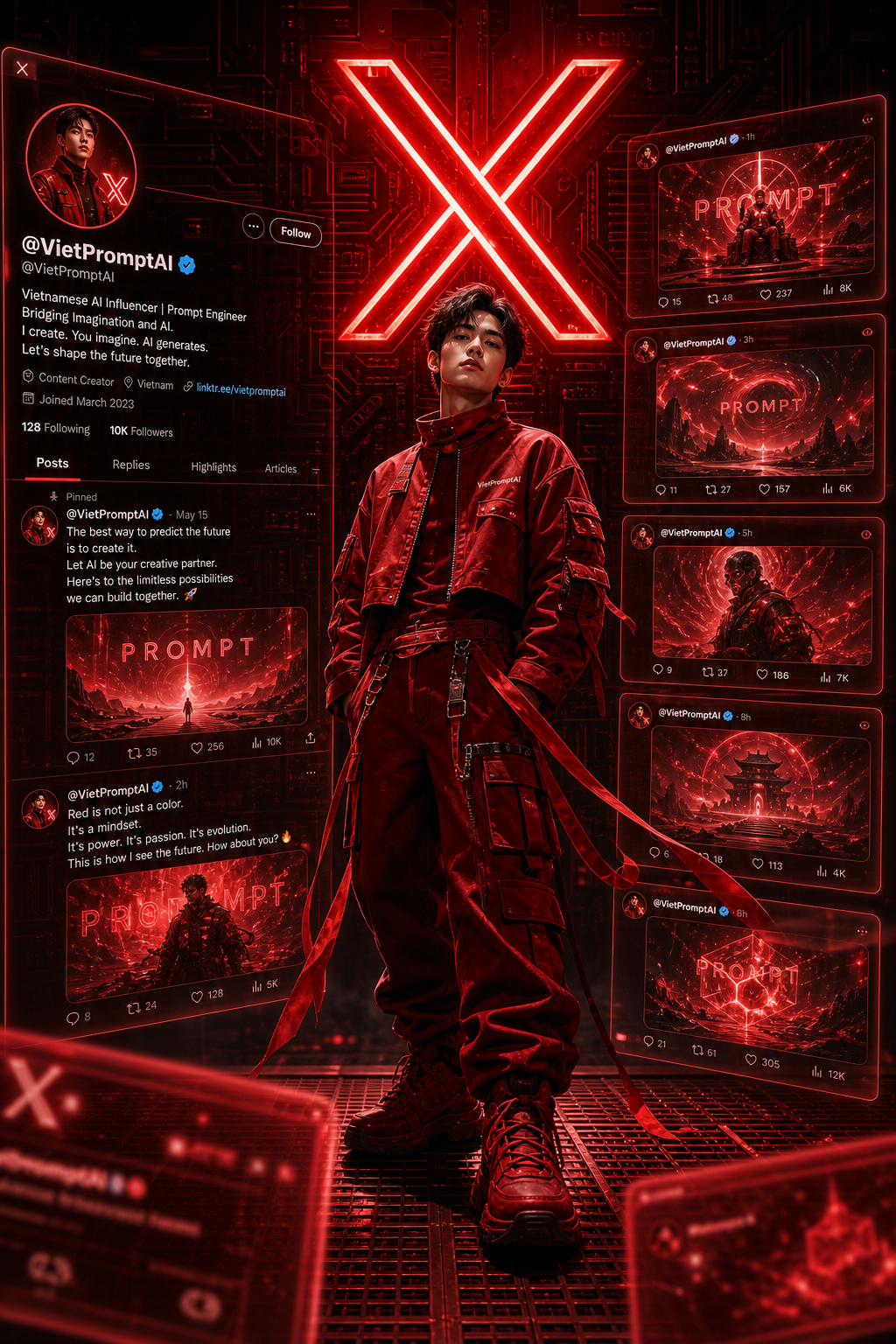 Chân dung techwear đỏ với giao diện X tương lai