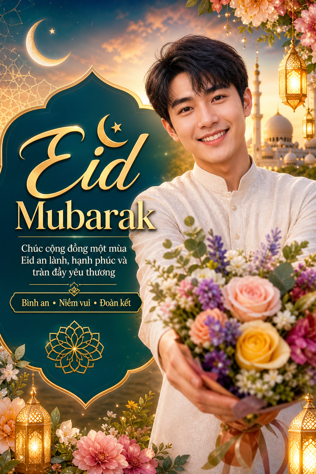 Poster Eid Mubarak với chàng trai tặng hoa rực rỡ