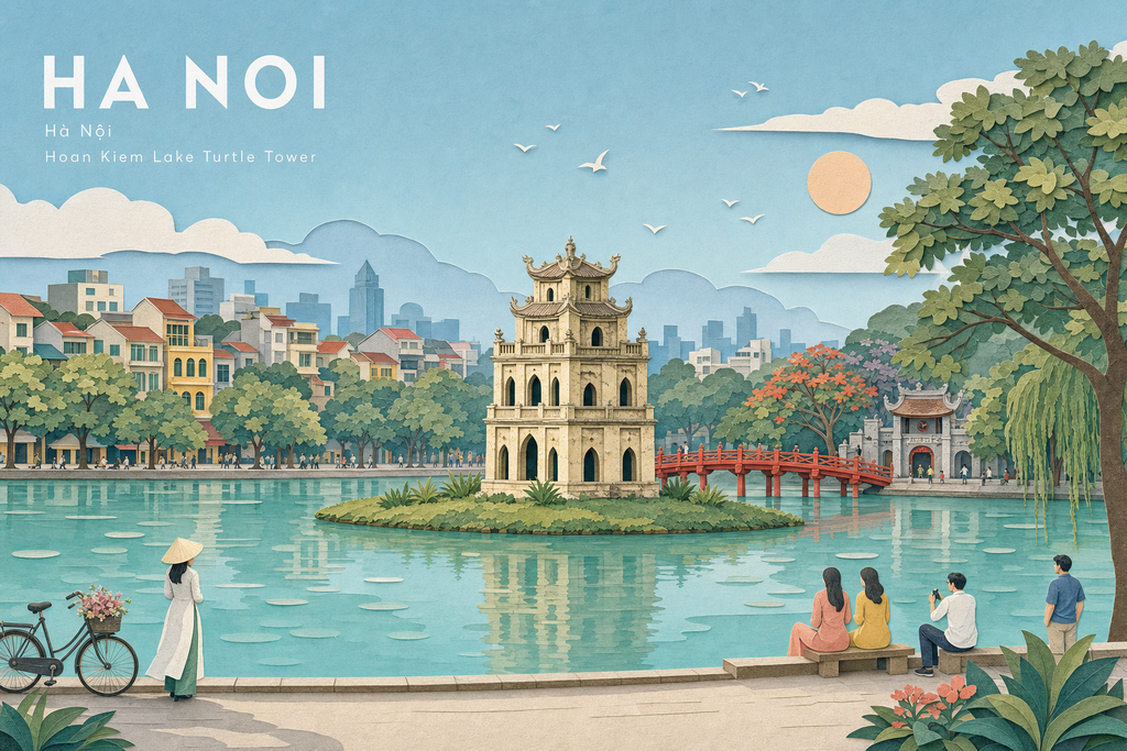 Poster Hồ Gươm và Tháp Rùa pastel