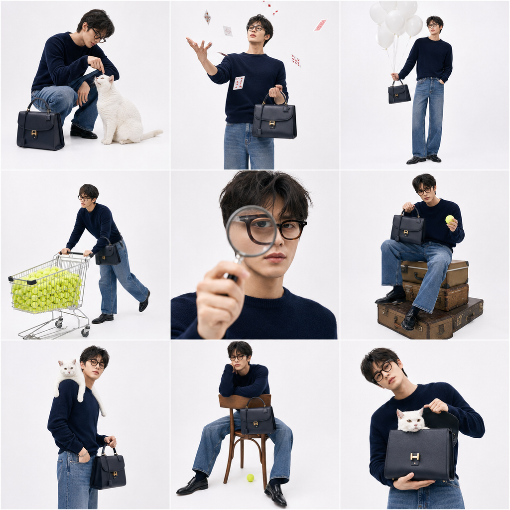 Collage thời trang nam với túi xách trong studio