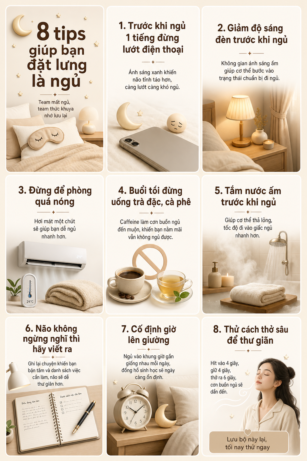 Poster 9 ô mẹo ngủ ngon phong cách tối giản