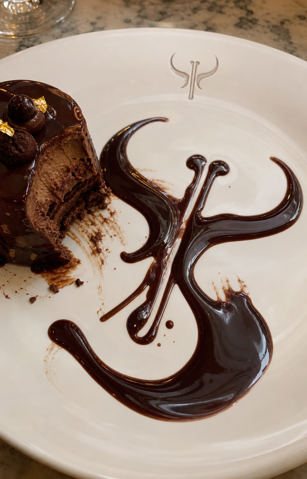 Logo chocolate tan chảy trên đĩa tráng miệng