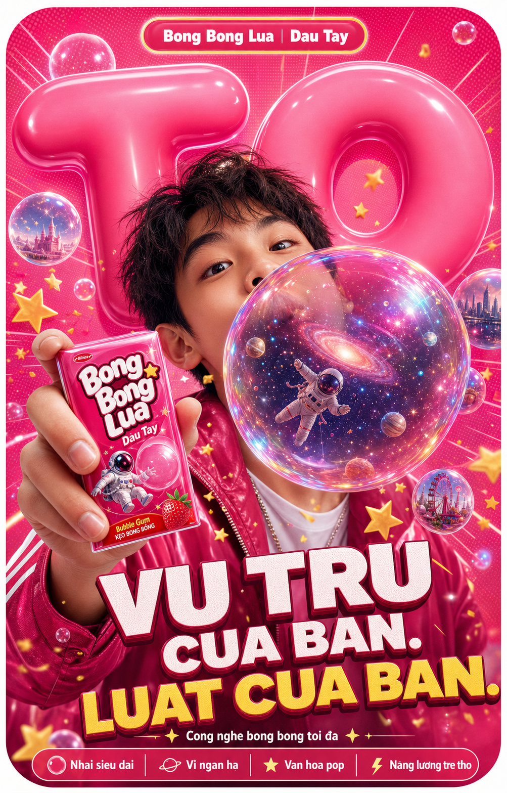 Poster kẹo gum hơi thở và vũ trụ bong bóng