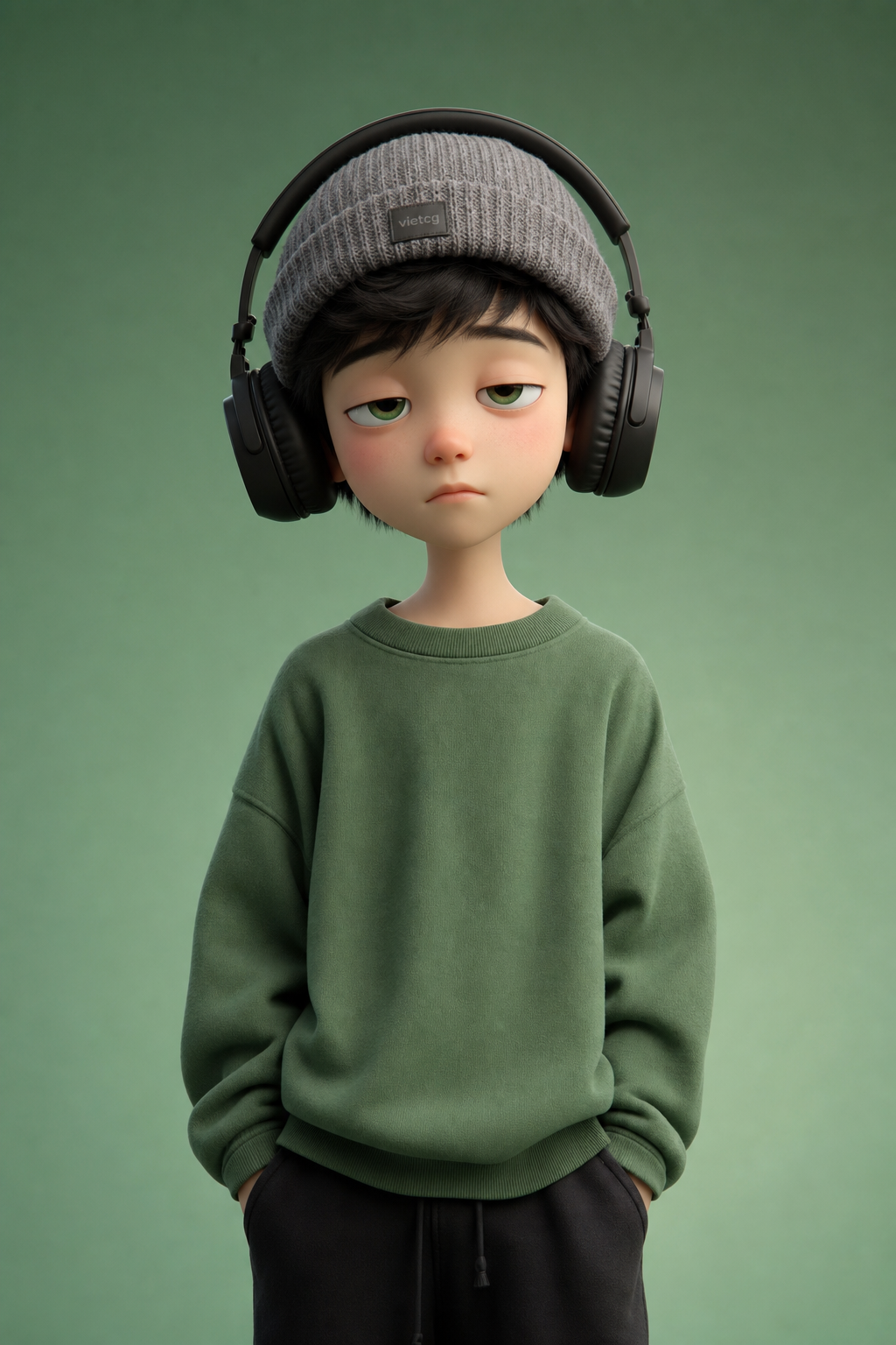 Bé trai hoạt hình 3D với tai nghe