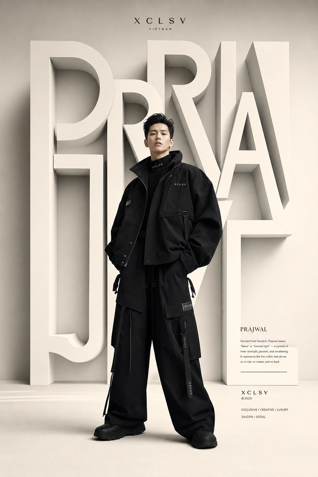 Poster thời trang nam streetwear đen phong cách editorial