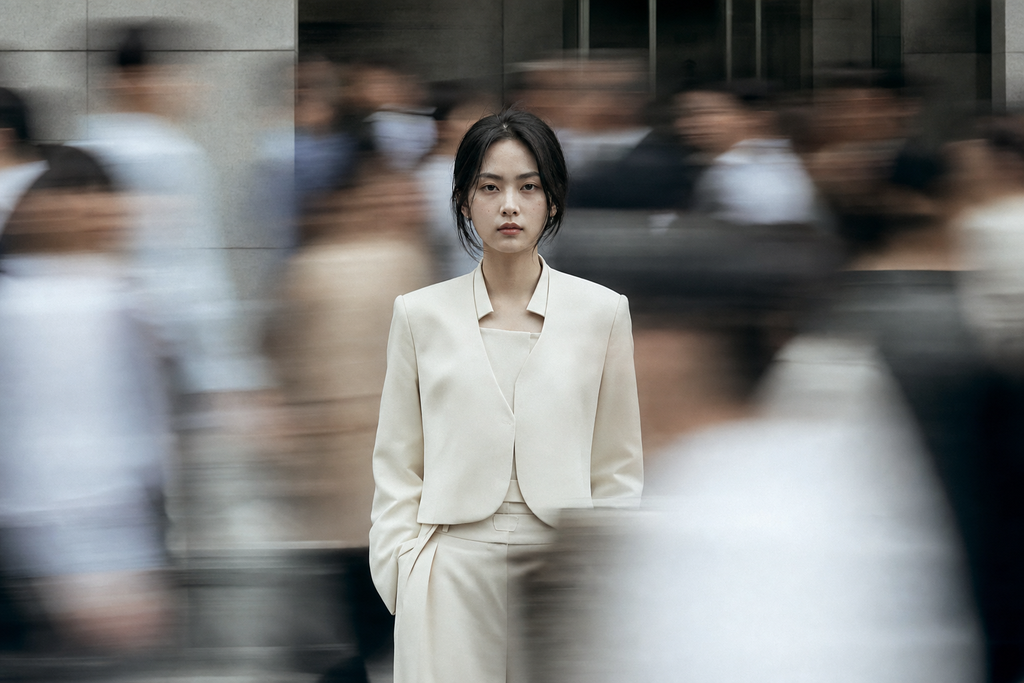 Người mẫu đứng yên giữa dòng người mờ