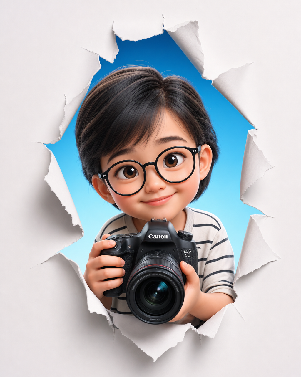Nhân vật 3D cầm máy ảnh chui qua giấy rách