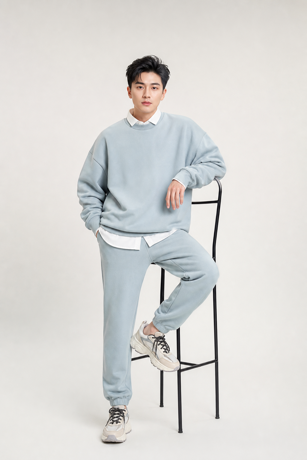 Thời trang nam studio với bộ nỉ xanh nhạt